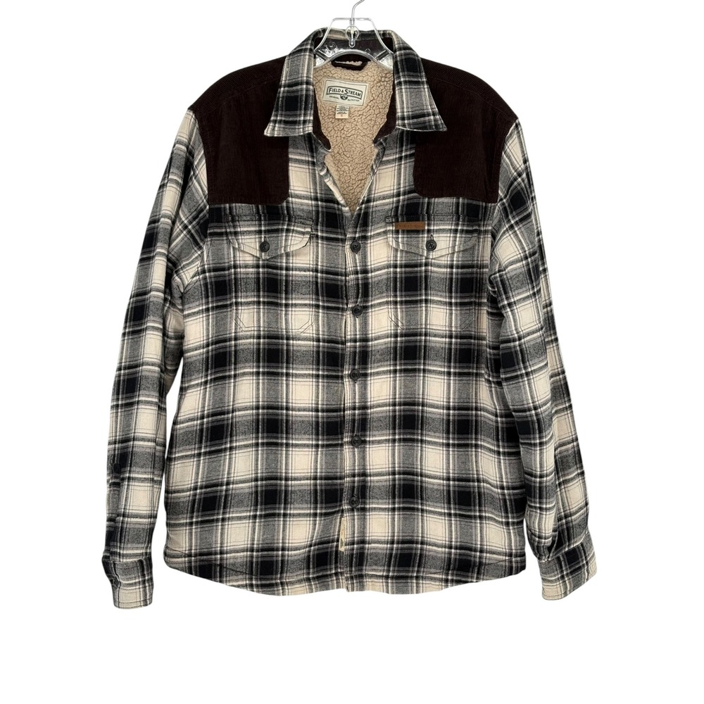 Field & Stream Flannel Shirt Jacket Black White Plaid Sherpa Lined Small